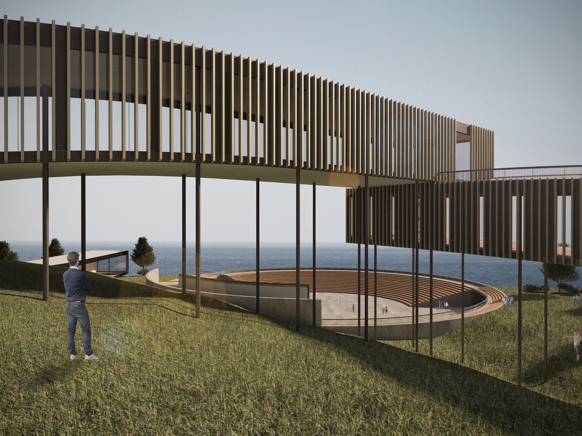 Artist Retreat: elevated timber-screened volumes around a sunken outdoor amphitheater overlooking the water